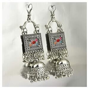 Silver Jhumka Earrings for Women - Ethnic Indian Dangle Drop Earrings